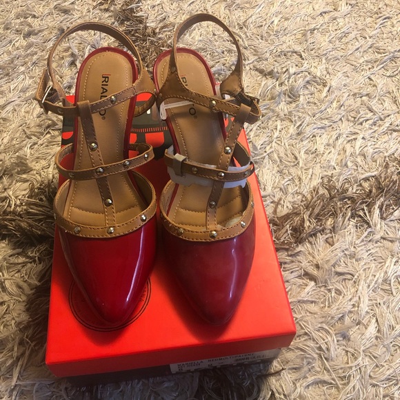 RIALTO - MARIELLA / RedMulti/ patent red &gold cage Strap Heel - Picture 1 of 10